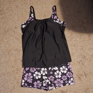Floral Black and Purple Tankini Swimwear Set